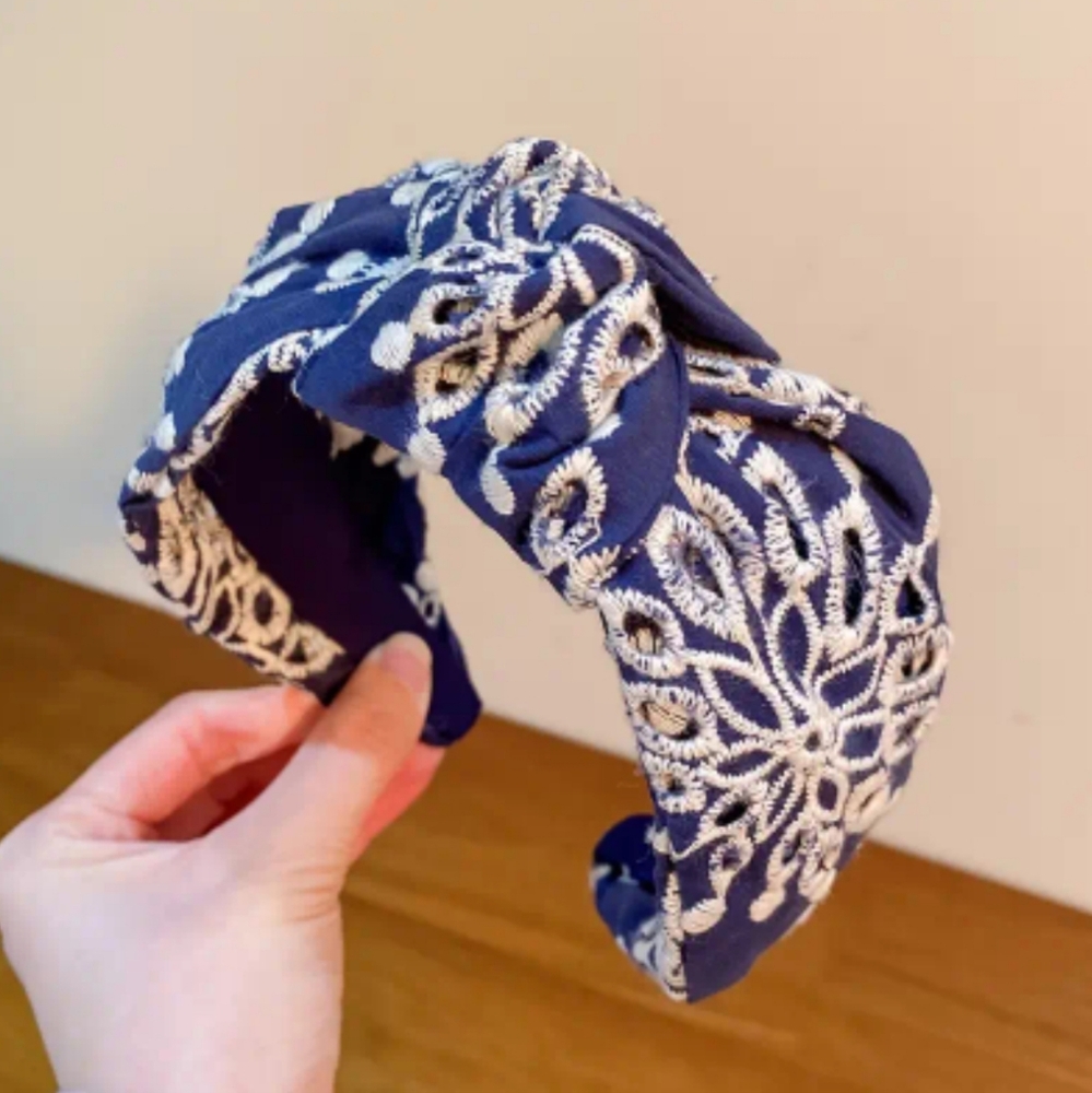 Headband Wide Dark Blue With White Floral Embroidery Lined Comfort
